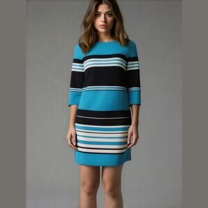 Michael Kors Blue Black White Stripe Boat Neck Long Sleeve Sweater Dress S